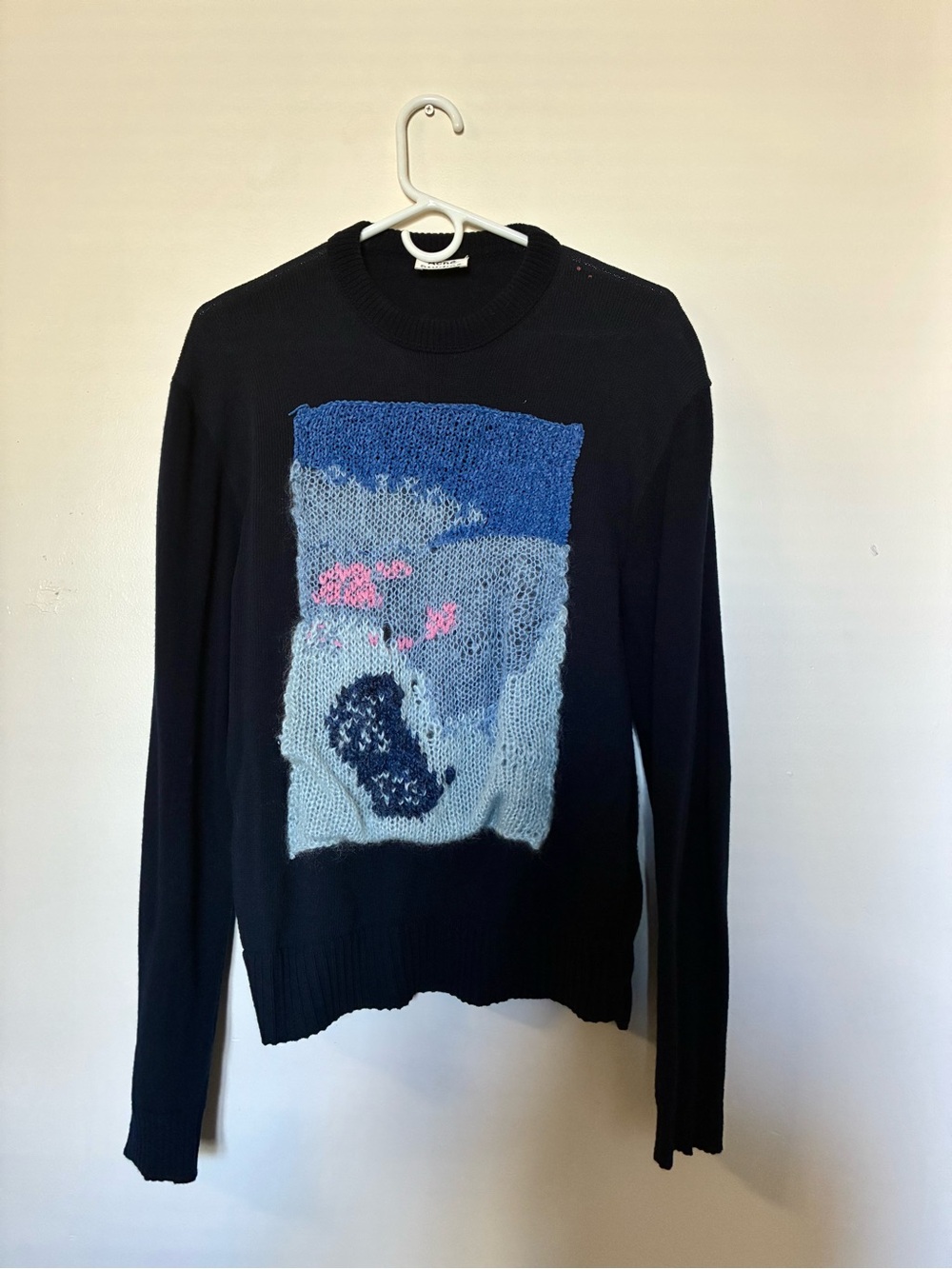 Acne Studios Navy Knit Sweater with Abstract Blue Panel